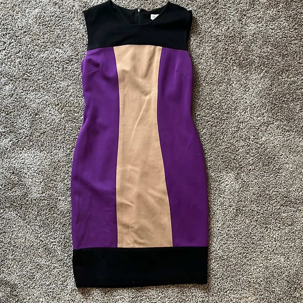 Cache Color Block Dress in Tan, Black, and Purple Size 4